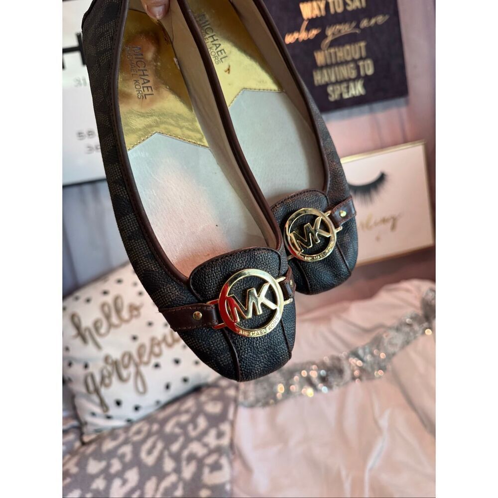 Mi Heal Kors Fulton Flat 9.5 Brown Signature Leather BallFlats Shoes Loafers